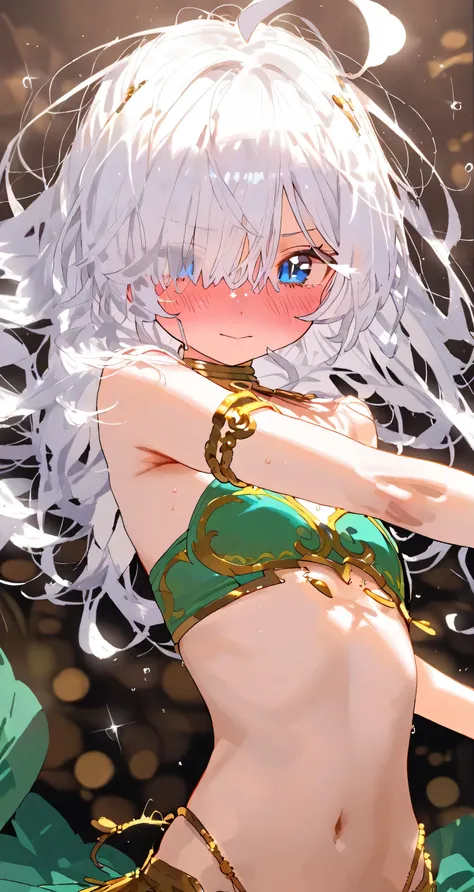 bellydancer, flat chest, skinny body, Blushing、To blush、Thick eyes, white hair, long hair, hair over one eye, messy hair, ahoge, medium hair, A dynamic pose, dancing 