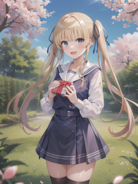 A stunningly beautiful 20-year-old woman stands in a lush green park full of cherry blossoms in full bloom under a clear blue sky. She is wearing a classic sailor uniform and holds a neatly wrapped gift box with a red ribbon in both hands in front of her c...