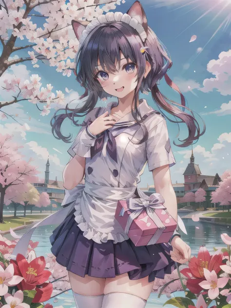 A stunningly beautiful 20-year-old woman stands in a lush green park full of cherry blossoms in full bloom under a clear blue sky. She is wearing a classic sailor uniform and holds a neatly wrapped gift box with a red ribbon in both hands in front of her c...