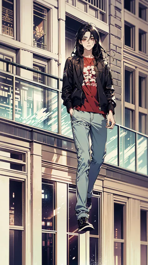 Digital painting of a young Chinese man in a modern casual outfit, wearing a stylish black leather jacket with red accents and a simple white t-shirt underneath. Long flowing black hair caught in a gentle breeze, with a confident and relaxed expression. Ca...