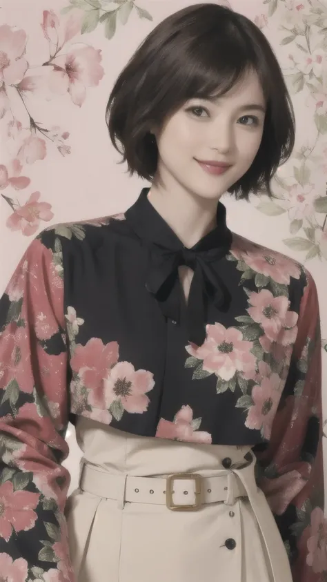 355 (20-year-old woman),( short hair), ( High Definition Photos ), (smile), (Picture Frame、floral fractal background), ( waist belt)