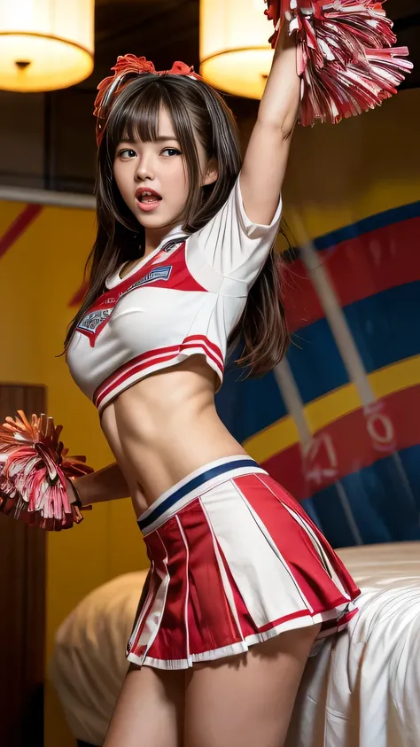  Masterpiece,  top quality,  illustration ,  very detailed, Fine details,  high resolution, 8k,wallpaper,  perfect dynamic composition,(Detailed and high quality,  realistic depiction:1.3),   Hotel Room , ( Cheerleader:1.5),( miniskirt), stand、 big breasts...