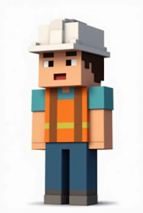 make me a worker character wearing a white project helmet and orange colored vest shaped pixel minecraft. tanpa background