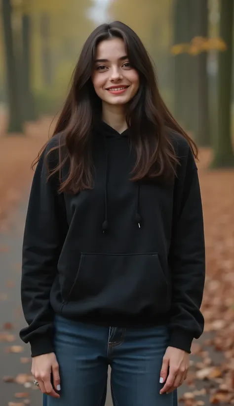 face 23 year old, girl, smile face, dark brown eyes color, long hair dark brown, braces , body goals, white skin ,  in Dutch blasteran arab style , wearing black hoodie and culottes jeans, wearing black sneakers with white stirpes, full body, background fo...