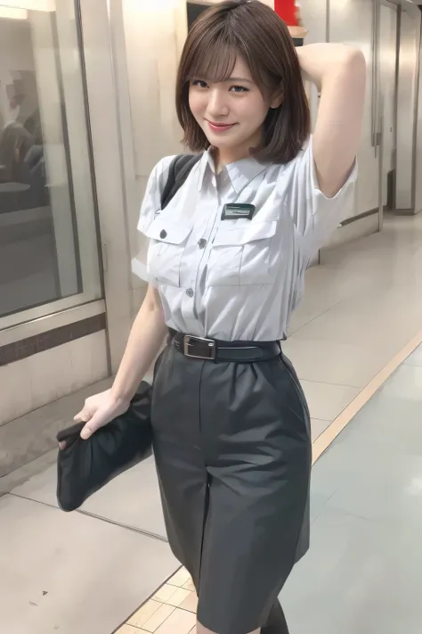 ( Masterpiece:1.2, TOP QUALITY :1.2), 32kHDR, high resolution、( Daytime building roof 、 professional lighting)、Building rooftop background、( Tokyo subway woman crew uniform )、( Tokyo subway woman crew uniform blouse short sleeve 、 above knee culotte...