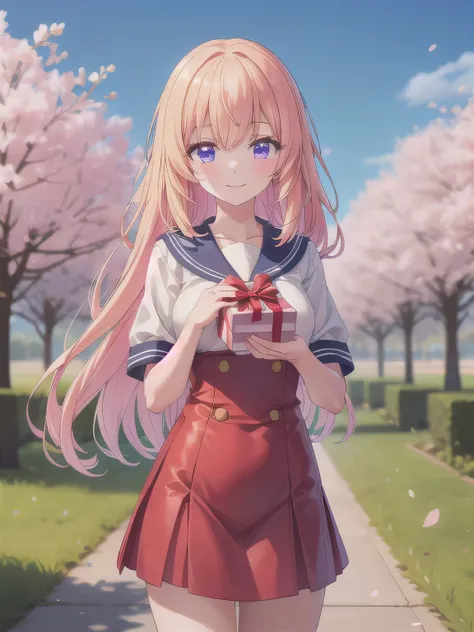 A stunningly beautiful 20-year-old woman stands in a lush green park full of cherry blossoms in full bloom under a clear blue sky. She is wearing a classic sailor uniform and holds a neatly wrapped gift box with a red ribbon in both hands in front of her c...