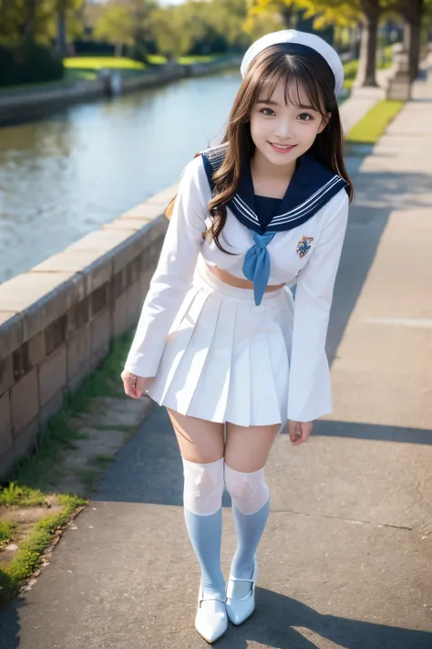 Best quality, full body focus, full body shot, perfect face, soft light, ultra high res, 8k, Masterpiece, , , view the viewer, full body , Front view, (1girl:loli:1.3), , Cute face, (blue eys:1.5), (Dark brown Medium hair), beautiful medium breasts, , Beau...