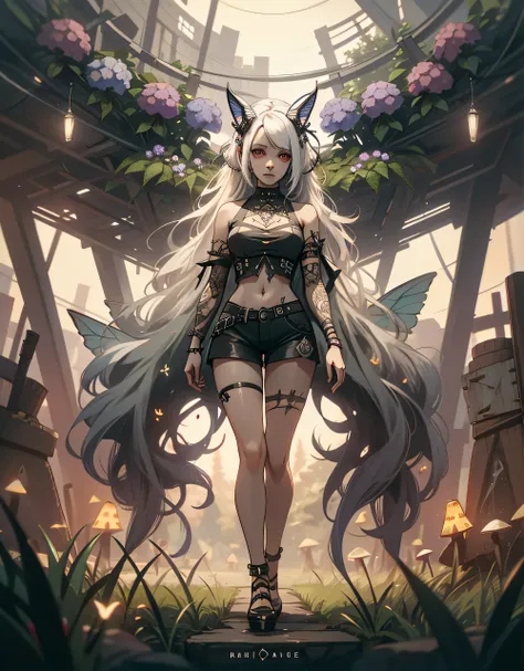 (( Extreme detail)),( ultra-detailed), lights,  extremely detailed graphics ,8k wallpaper , full body, standing, Gwendolyn, gothic punk fairy, fairy transparent wings, red eyes , tattoo ,long white hair, gradient hair, crop  top,  short shorts, bare belly ...