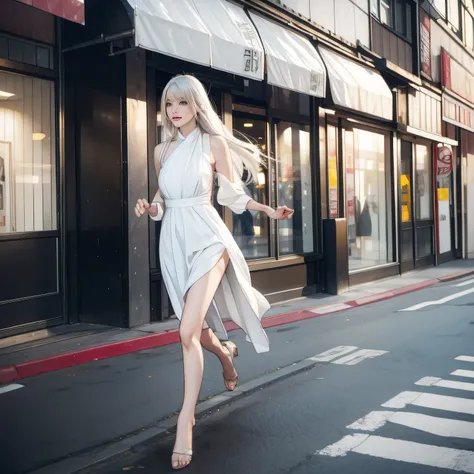 White hair and white skin , Straight Long Hair with Bangs ,tall model, Beautiful Woman with Slender Eyes, ADULT WOMAN, sprinting,run, desperately running ,Urban sidewalk, casual dress 