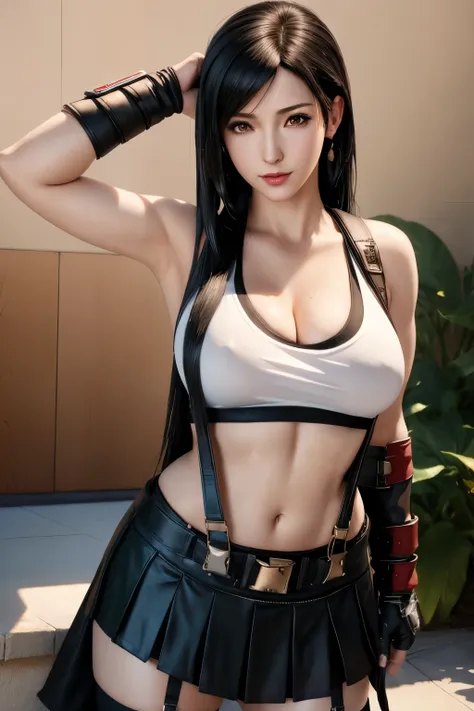 (masterpiece, best quality, high quality, highres), 1girl, extremely beautiful detailed face
tifa, tifa lockhart, final fantasy, white crop top, elbow pad, fingerless gloves, suspenders, pencil skirt, upper body, looking at viewer, chubby nipples under the...