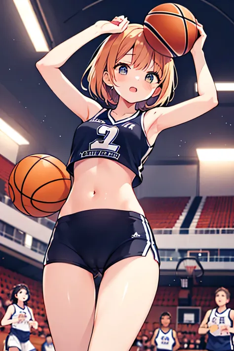 Sport girl, basketball player, Shiny material compression shorts, sports bra, bare belly, basketball court, thigh gap, from below,cameltoe