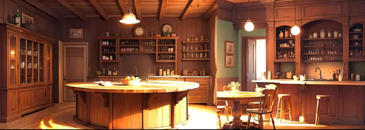 there is a kitchen with a center island and a bar, old kitchen backdrop angled view, old kitchen backdrop, polish mansion kitchen, house kitchen on a sunny day, kitchen,  style madhouse studio anime, House interior ,  detailed set design ,  production art,...