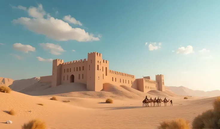 natural desert scene featuring Al Masmak Fortress in Saudi Arabia, with camels roaming, clouds, and desert vegetation