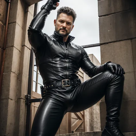 40 years old, One Man  Mark Derwin,、 black bodysuit、Shocker Belt、 black gloves、 with a pistol on your waist、In front of the gate、alert 、　logic, , Mark Derwin　 sit with your legs open 、 Seen From Below。 upper body up　Black leather pants　