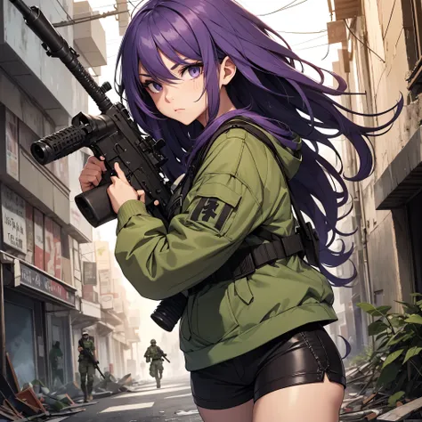Woman with long purple hair , He wears a green military suit with shorts and part of his face has a penetrating look and a serious face. Stroll through a war-torn city. He carries an assault rifle in his hands, close up