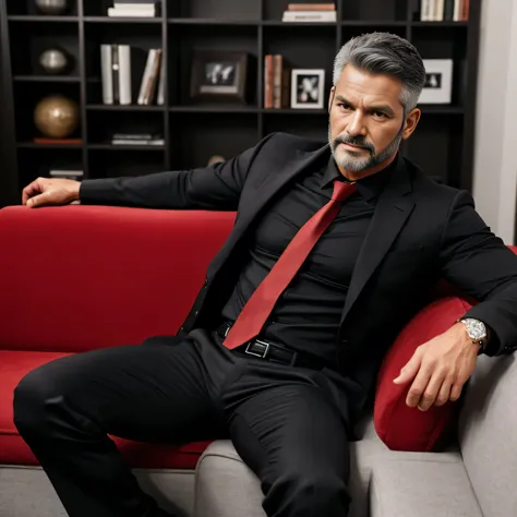 60歳、handsome guy , One Man,、 muscularity、Mark James Derwin。 black shirt , red tie、 black slim pants 、American ActorMark James Derwin、office、 sit on the sofa、 black shirt、 red tie、 black slim pants 、 upper body up　geff Bridges,　front　Menacing look　エルメスの黒いベル...