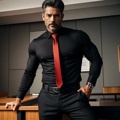 60 years old、handsome guy , One Man,、 muscularity、Mark James Derwin 。 black shirt , red tie、 black slim pants 、American ActorMark James Derwin 、office、  lying with legs open 、 black shirt、 red tie、 black slim pants 、 upper body up　geff Bridges,　Front 　Mena...