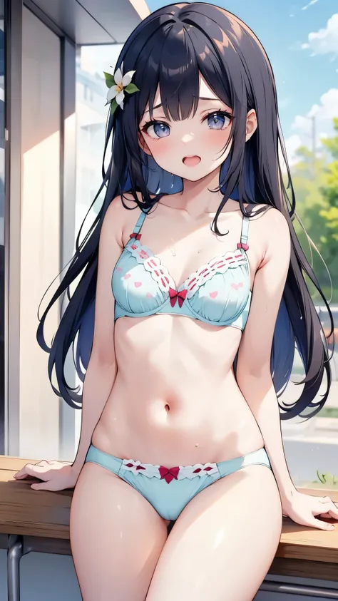 NSFW,preschool girl,elementary school girl, double peace,panty shot,show off panty, wearing underwear, girl wearing bra, skirt, smug face, Satin bra, pastel colors bra, flower pattern bra, frilled bra , Satin panties, pastel colors panties, flower pattern ...