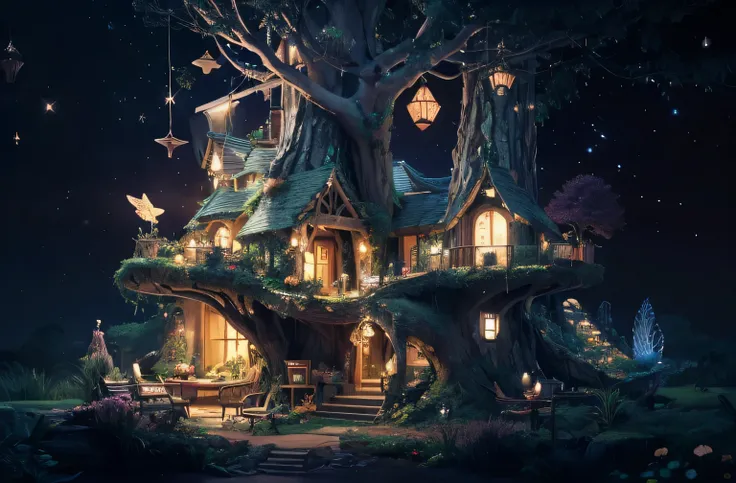 Close up of a treehouse with walkway, starry sky , enchanted  magical fantasy forest, Magic Tree,  so magical and dreamy ,   Magic Fantasy Extremely Detailed  , Fairy Palace , Magic Background,  magical fantasy forest,  Magical Environment , Enchanted and ...