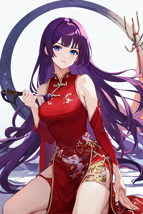 {safe:1.10}, best quality, masterpiece, highres, solo, {ashley_lapisrelights:0.90}, kneeling, kneeling on one knee, on one knee, cowboy_shot, looking at viewer, Traditional chinese clothes, purple hair, blue eyes, Senjougahara Hitagi, long hair 