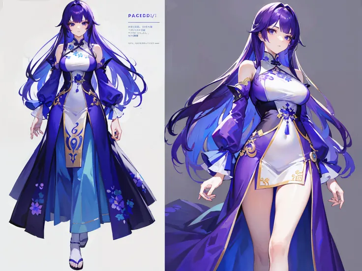 ((Masterpiece, Highest quality)), Detailed face, character design sheet， full bodyesbian, Full of details, frontal body view, back body view, Highly detailed, Depth, Many parts, woman with long purple hair with long bangs，beautiful woman, Traditional chine...