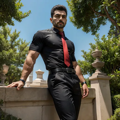 40 years old、handsome guy , One Man,、 muscularity、Doğukan Polat 。 black shirt , red tie、 black slim pants 、Doğukan Polat 、garden、  on the lawn 、sit。 black shirt、 red tie、 black slim pants 、 upper body up　geff Bridges,　Front 　Menacing look　 black belt　 blac...