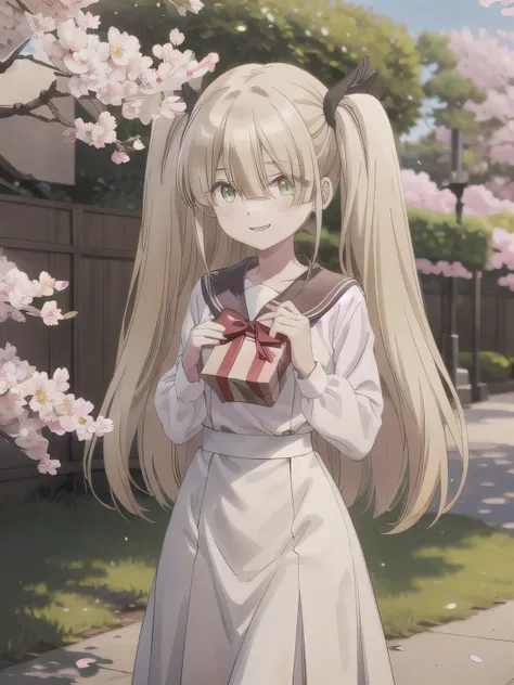 A stunningly beautiful 20-year-old woman stands in a lush green park full of cherry blossoms in full bloom under a clear blue sky. She is wearing a classic sailor uniform and holds a neatly wrapped gift box with a red ribbon in both hands in front of her c...