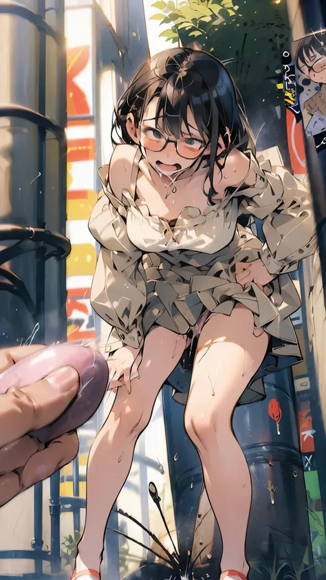 anime - style illustration of a woman in a off shoulder puffy sleeves white shirt and mini flare skirt, anime character, official character art, full body, female anime girl, (black hair:1.5), (tanned:1.0), (sweaty:1.2), glasses, cameltoe, by the shiny bui...