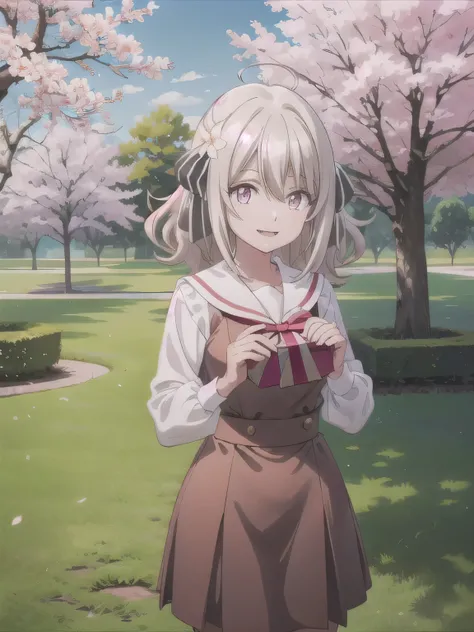 A stunningly beautiful 20-year-old woman stands in a lush green park full of cherry blossoms in full bloom under a clear blue sky. She is wearing a classic sailor uniform and holds a neatly wrapped gift box with a red ribbon in both hands in front of her c...