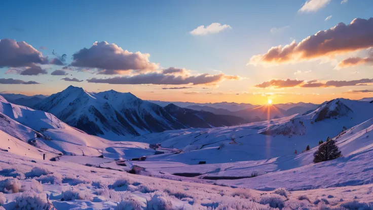 masterpiece, best quality, soft light, ultra high resolution, (photorealistic:1.4), Raw photo, Spring season atmosphere, sunset, snow, ((Being in the deep valleys)),