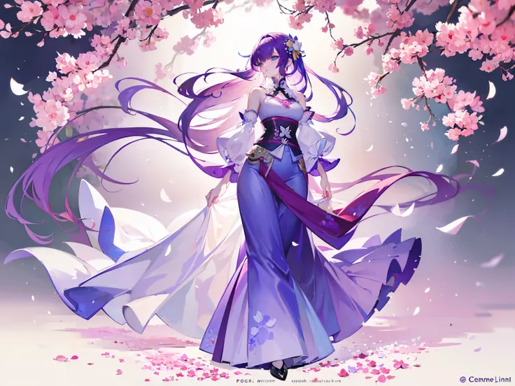 ((Masterpiece, Highest quality)), Detailed face, character design sheet， (full body), Full of details, frontal body view, back body view, Highly detailed, Depth, Many parts, woman with long purple hair with long bangs，beautiful woman, Traditional chinese c...