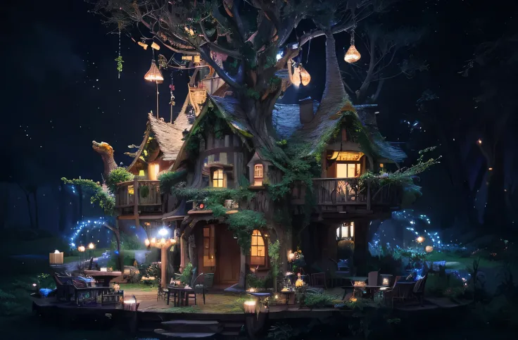 Close up of a treehouse with walkway, starry sky , enchanted  magical fantasy forest, Magic Tree,  so magical and dreamy ,   Magic Fantasy Extremely Detailed  , Fairy Palace , Magic Background,  magical fantasy forest,  Magical Environment , Enchanted and ...