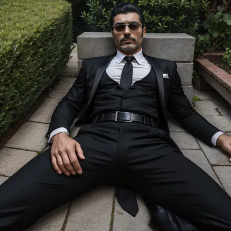 40 years old、handsome guy , One Man,、 muscularity、Doğukan Polat 。 black shirt , black tie、 black slim pants 、Doğukan Polat 、garden、  on the lawn 、 lying with legs open 。 black shirt、 black tie、 black slim pants 、 upper body up　geff Bridges,　Front 　Menacing...