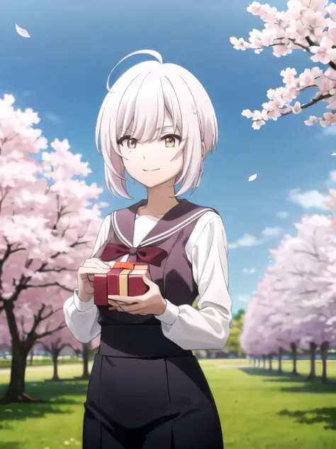 A stunningly beautiful 20-year-old woman stands in a lush green park full of cherry blossoms in full bloom under a clear blue sky. She is wearing a classic sailor uniform and holds a neatly wrapped gift box with a red ribbon in both hands in front of her c...