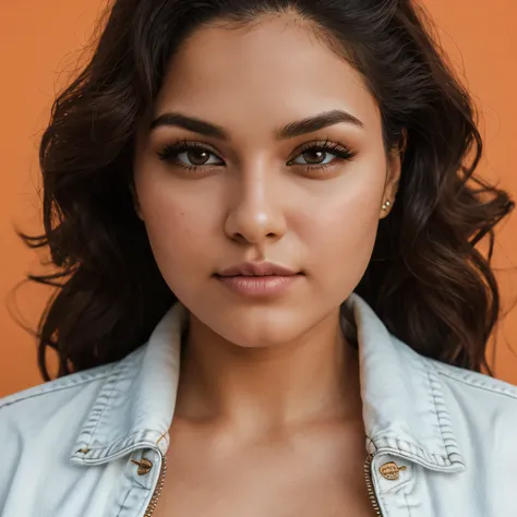 face close up photoshoot, shoulder visible, 25 year old latina, thick long curly wavy hair, round face, slightly chubby, wearing all white denim jacket, orange backdrop, perfect studio lighting, facing straight to camera