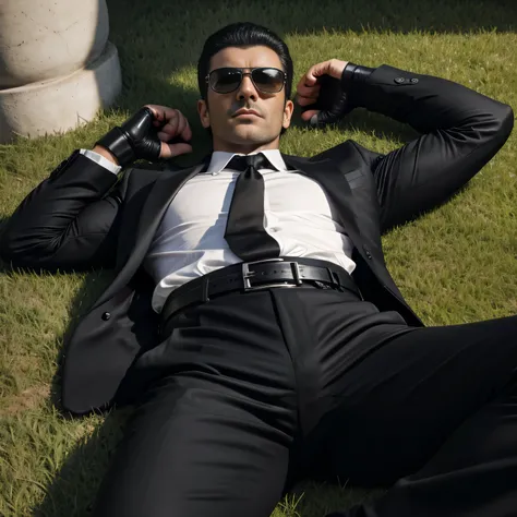 40 years old、handsome guy , One Man,、 muscularity、Doğukan Polat 。 black shirt , black tie、 black slim pants 、Doğukan Polat 、garden、 on the lawn 、 lying with legs open 。 black shirt、 black tie、 black slim pants 、 upper body up geff Bridges, Front Menacing...