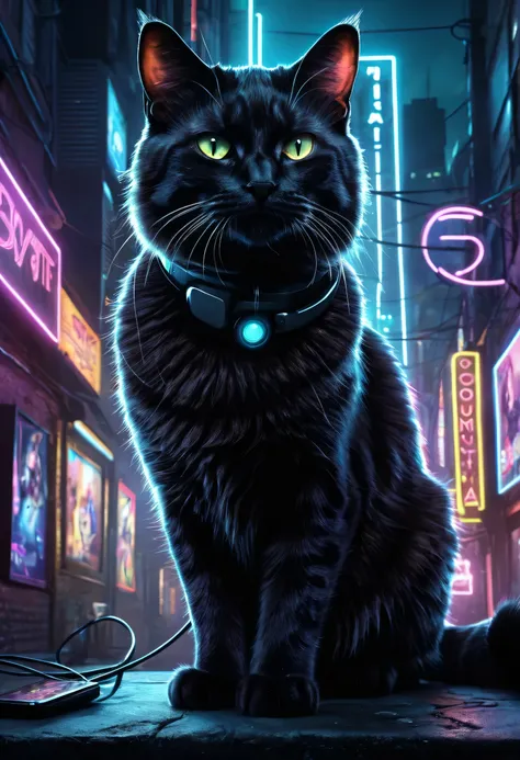 In a hyper-realistic style, depict cats subtly ruling the world with superior technology. The main cat has a strange advanced device in his ear, They rule humanity from the shadows, in a mysterious atmosphere with dark tones and cryptic neon lights. The sc...