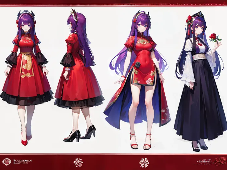 ((Masterpiece, Highest quality)), Detailed face, character design sheet， (full body), Full of details, frontal body view, back body view, Highly detailed, Depth, Many parts, woman with long purple hair with long bangs，beautiful woman, Traditional chinese c...