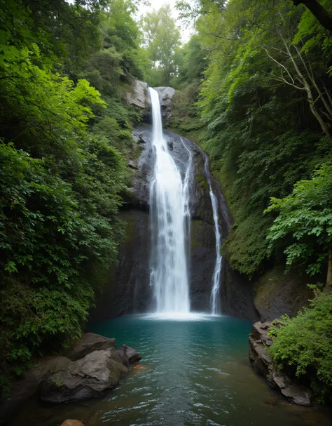 **Prompt:** Imagine stepping into a serene world where tropical rain nature’s beauty takes center stage scenery. Describe the breathtaking scene of a majestic waterfall cascading gracefully into a crystal-clear deep forest pool, surrounded by lush gree...