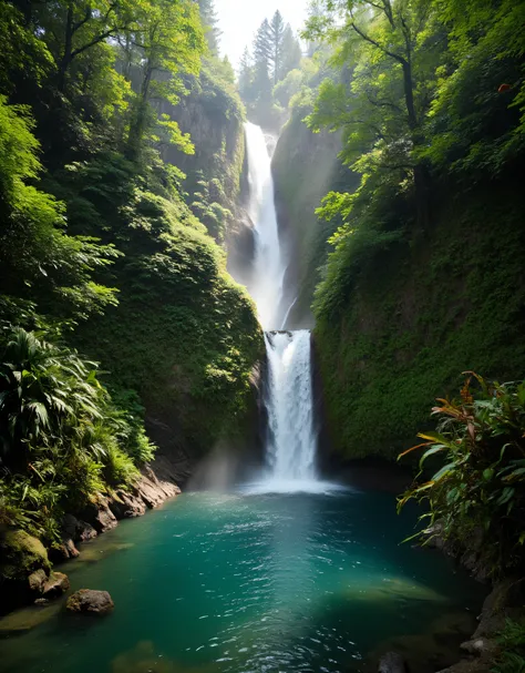 **Prompt:** Imagine stepping into a serene world where tropical rain nature’s beauty takes center stage scenery. Describe the breathtaking scene of a majestic waterfall cascading gracefully into a crystal-clear deep forest pool, surrounded by lush gree...