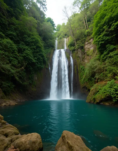 **Prompt:** Imagine stepping into a serene world where tropical rain nature’s beauty takes center stage scenery. Describe the breathtaking scene of a majestic waterfall cascading gracefully into a crystal-clear deep forest pool, surrounded by lush gree...