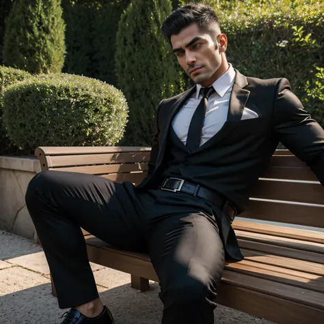 40 years old、handsome guy , One Man,、 muscularity、Ekin Mert Daymaz。 black shirt , black tie、 black slim pants 、Doğukan Polat 、garden、 Sit on a bench on the lawn。 black shirt、 black tie、 black slim pants 、 upper body up　geff Bridges,　Front 　Menacing look　 b...