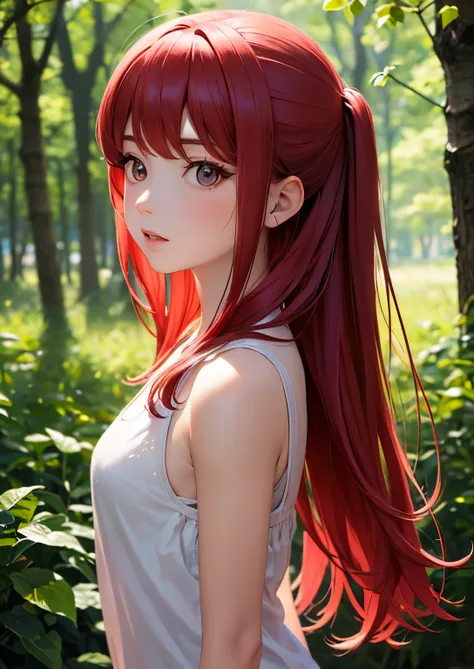  score_8_arriba, BREAK, 1 girl, Alone , Tayuya,  red hair,  long hair,  Brown Eyes, yours,  upperbody, al aire libre, forest,  arms to the sides ,