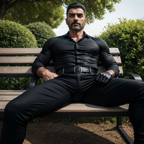 40 years old、handsome guy , One Man,、 muscularity、Doğukan Polat 。 black shirt 、 black slim pants 、Doğukan Polat 、garden、 Sit on a bench on the lawn。 black shirt、 black slim pants 、 upper body up　geff Bridges,　Front 　Menacing look　 black belt　 black gloves　...