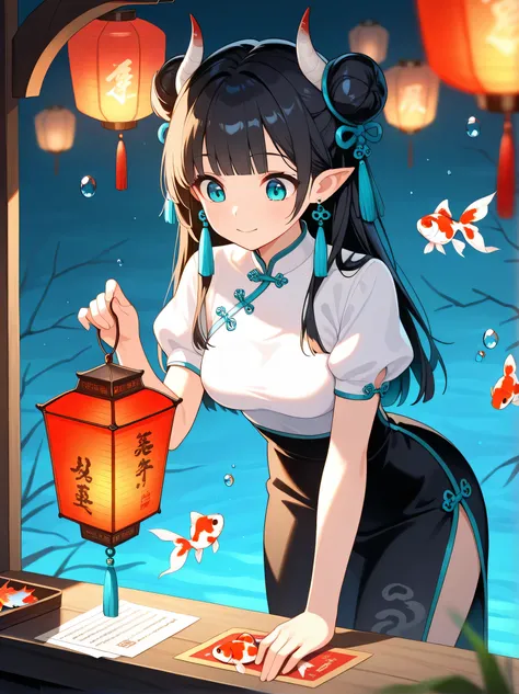 1girl, solo, long hair, blue eyes, black hair, aqua eyes, happy, closed mouth,medium breasts, hair bun, double bun, horns,blunt bangs, looking at object, looking at lantern, holding lantern,bend over, shirt, skirt, long sleeves, ribbon, jewelry, white shir...