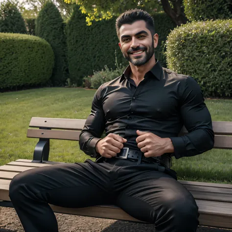 40 years old、handsome guy , One Man,、 muscularity、Doğukan Polat 。 black shirt 、 black slim pants 、Doğukan Polat 、garden、 Sit on a bench on the lawn。 black shirt、 black slim pants 、 upper body up　geff Bridges,　Front 　Menacing look　 black belt　 black gloves　...