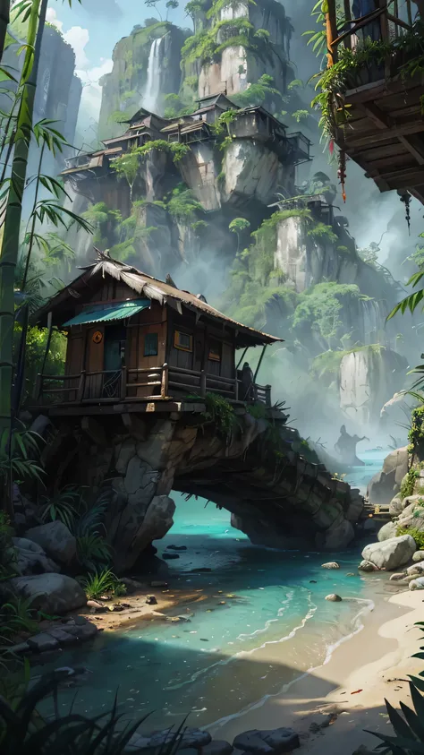 painting of a house on a tropical island with a boat in the water, james gurney painting style, super realistic painting style, concept art painting, highly realistic concept art, environment painting, digital painting concept art, environment and concept ...