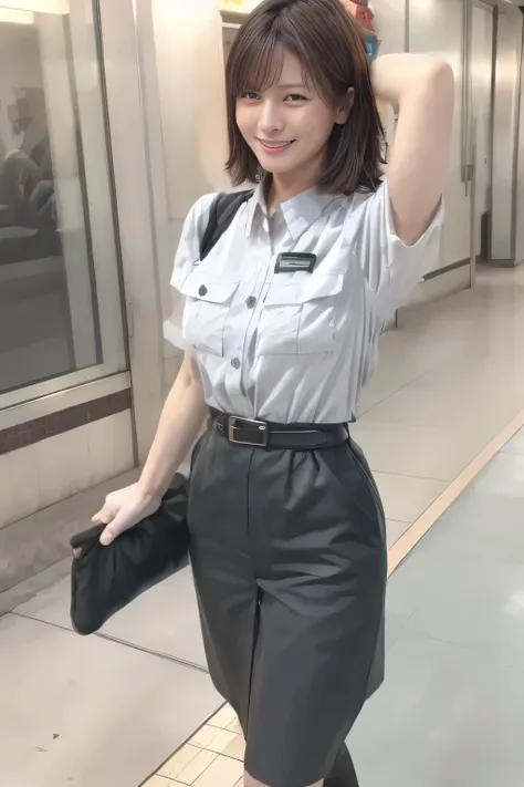 ( Masterpiece:1.2, TOP QUALITY :1.2), 32kHDR, high resolution、( Daytime building roof 、 professional lighting on the head)、Building rooftop background、( Tokyo subway woman crew uniform )、( Tokyo subway woman crew uniform blouse short sleeve 、 above ...