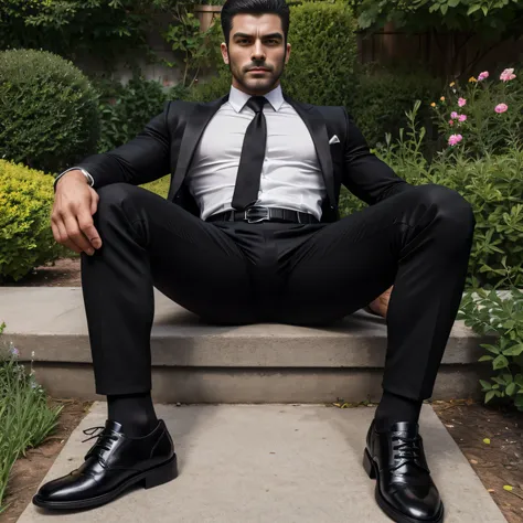 40 years old、handsome guy , One Man,、 muscularity、Ekin Mert Daymaz。 black shirt , black tie、 black slim pants 、Doğukan Polat 、garden、  on the lawn 、sit。 black shirt、 black tie、 black slim pants 、 upper body up　geff Bridges,　Front 　Menacing look　 black belt...