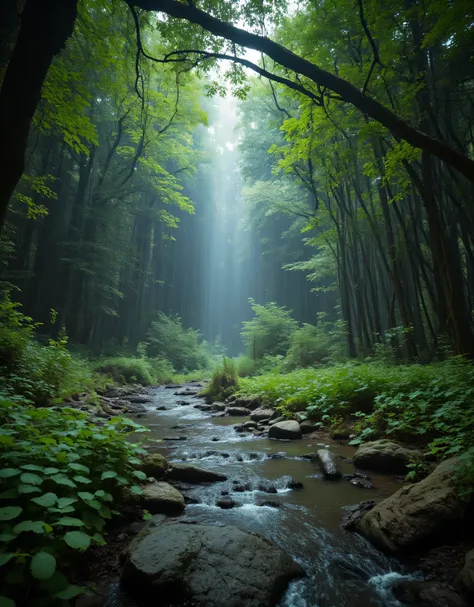 **Prompt:** Imagine stepping into a serene hyperrealistic world where deep rain forest nature’s beauty takes center stage scenery. Describe the breathtaking scene of a majestic deep forest swamp, surrounded by lush greenery and vibrant flora. Explore the d...
